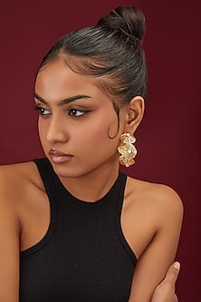 Gold Finish Zircon Floral Mesh Hoop Earrings