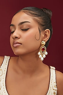 Gold Finish Ruby Stone & Pearl Drop Dangler Earrings