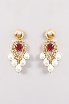 Gold Finish Ruby Stone & Pearl Drop Dangler Earrings