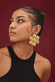 Gold Finish Mesh Design Floral Stud Earrings