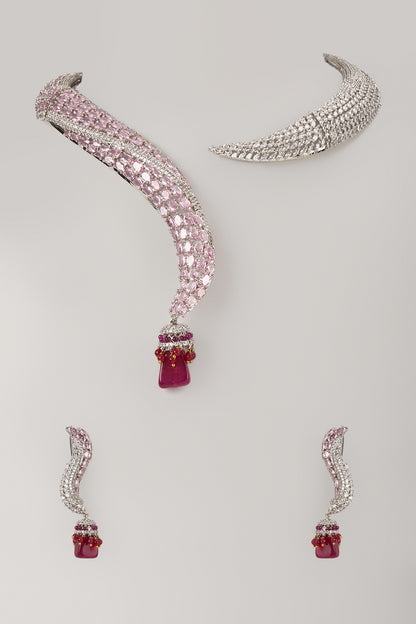 Silver Finish Ruby & Zircon Necklace Set
