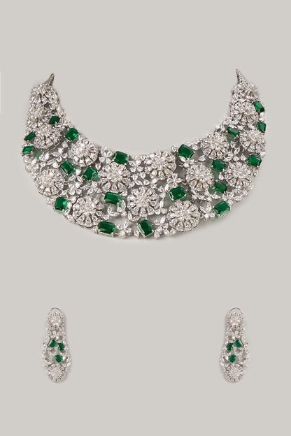 Silver Finish Emerald & Zircon Choker Necklace Set
