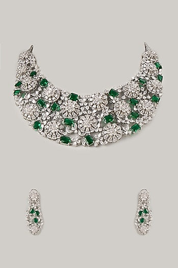 Silver Finish Emerald & Zircon Choker Necklace Set
