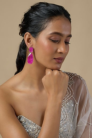 Silver Finish Pink Stone Dangler Earrings