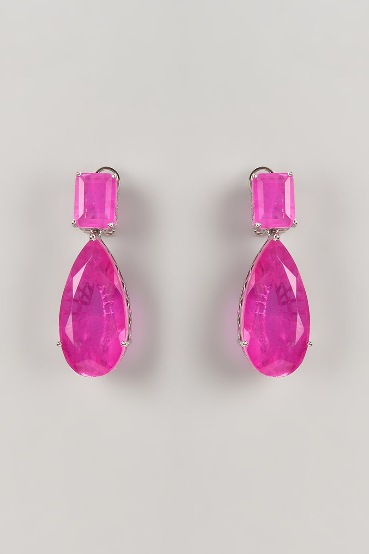 Silver Finish Pink Stone Dangler Earrings