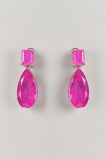 Silver Finish Pink Stone Dangler Earrings