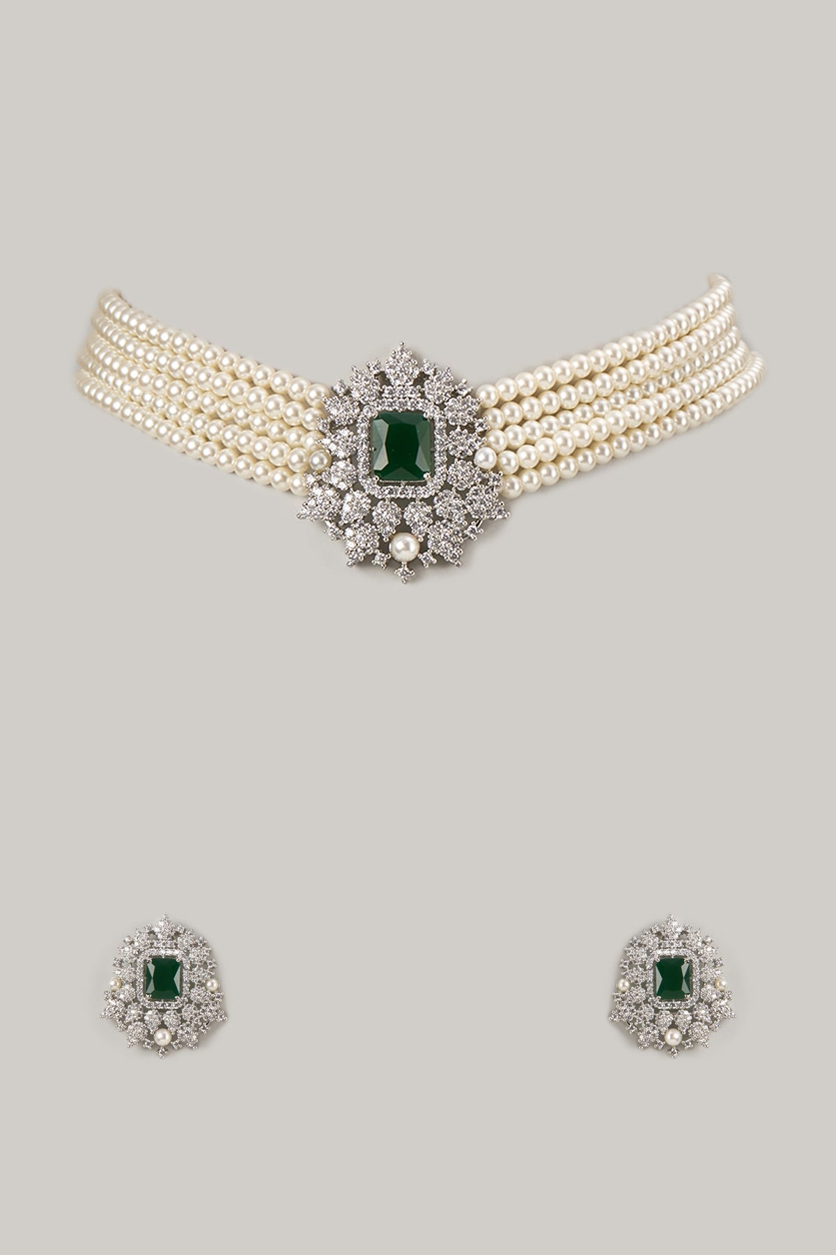 Silver Finish Emerald & Pearl Choker Necklace Set