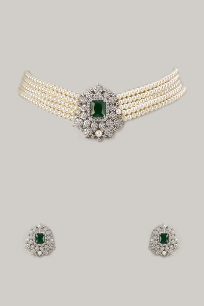Silver Finish Emerald & Pearl Choker Necklace Set