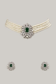Silver Finish Emerald & Pearl Choker Necklace Set