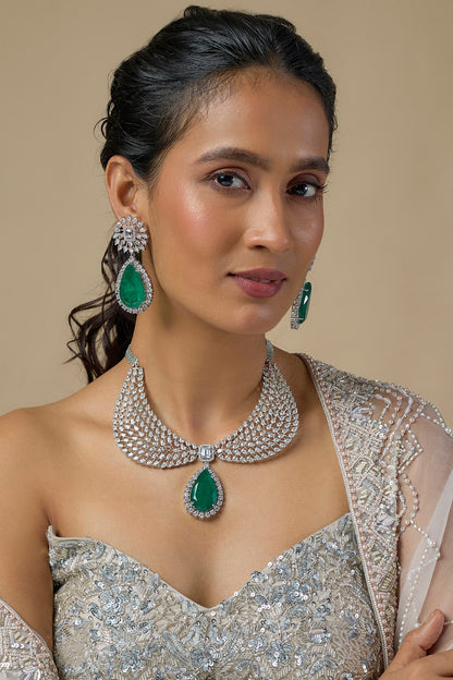 Silver Finish Emerald & Zircon Choker Necklace Set