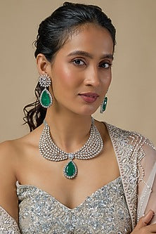Silver Finish Emerald & Zircon Choker Necklace Set