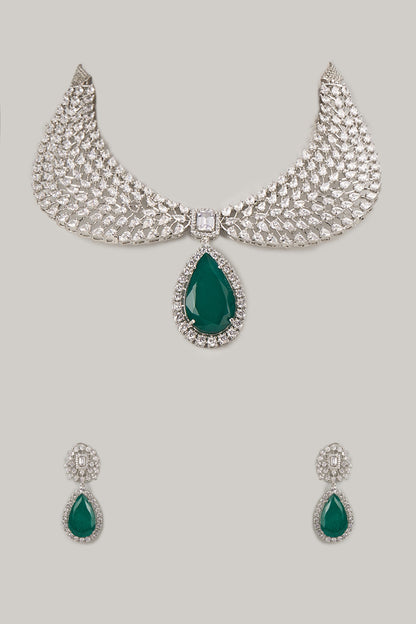 Silver Finish Emerald & Zircon Choker Necklace Set