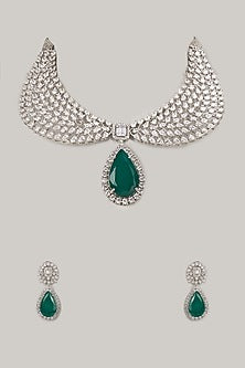 Silver Finish Emerald & Zircon Choker Necklace Set
