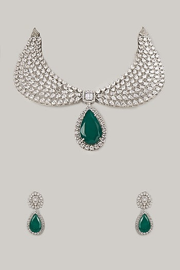 Silver Finish Emerald & Zircon Choker Necklace Set