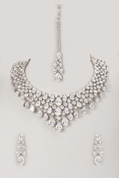 Silver Finish Zircon Choker Necklace Set