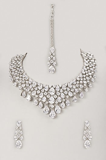 Silver Finish Zircon Choker Necklace Set