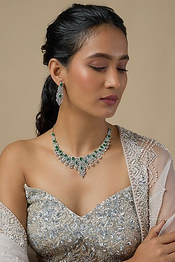 Silver Finish Zircon & Emerald Choker Necklace Set