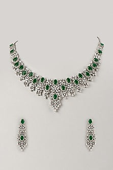 Silver Finish Zircon & Emerald Choker Necklace Set