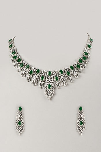 Silver Finish Zircon & Emerald Choker Necklace Set