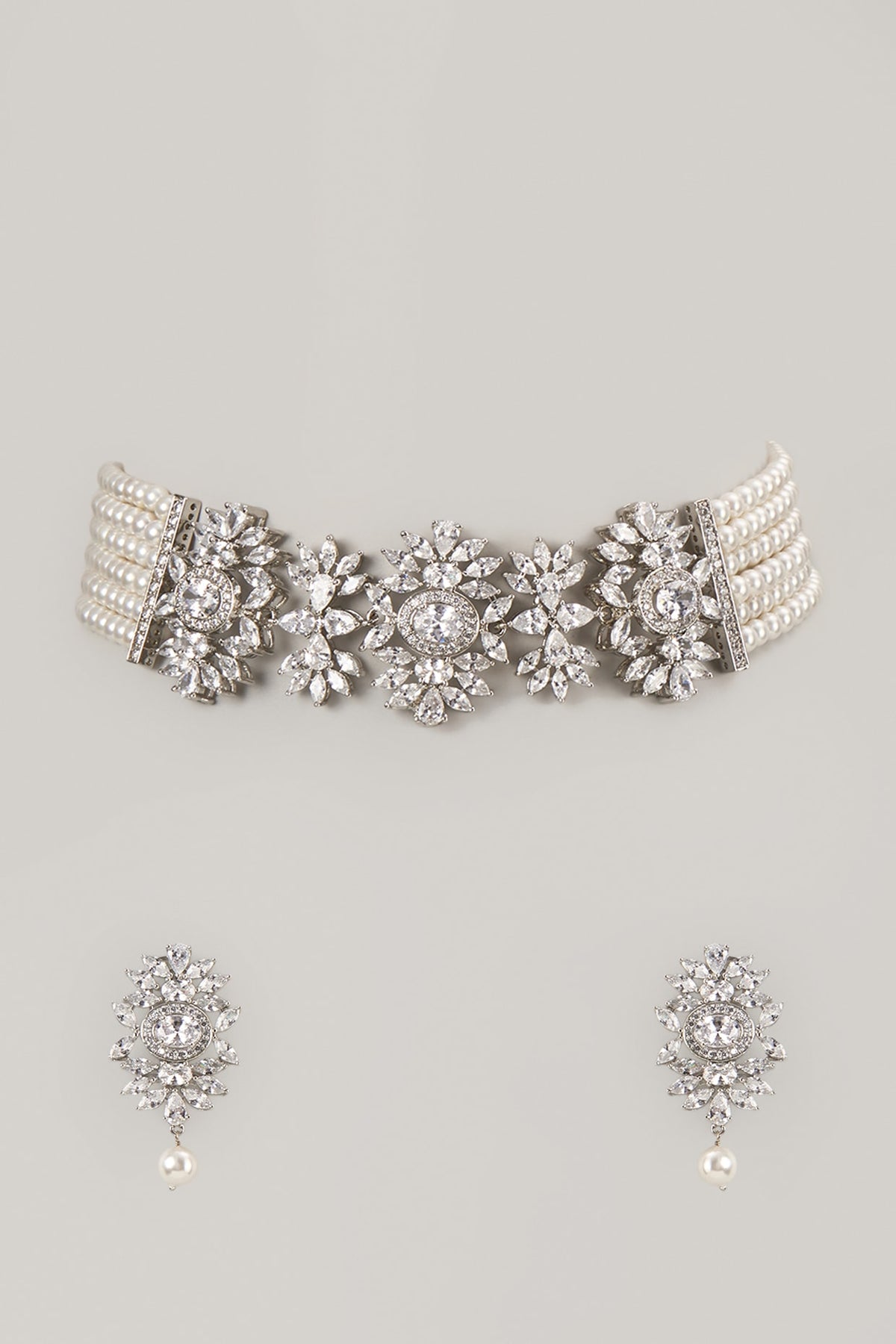 Silver Finish Zircon & Pearl Choker Necklace Set