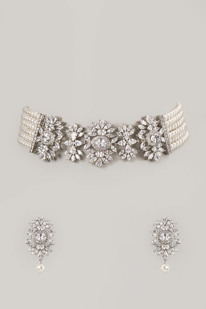 Silver Finish Zircon & Pearl Choker Necklace Set