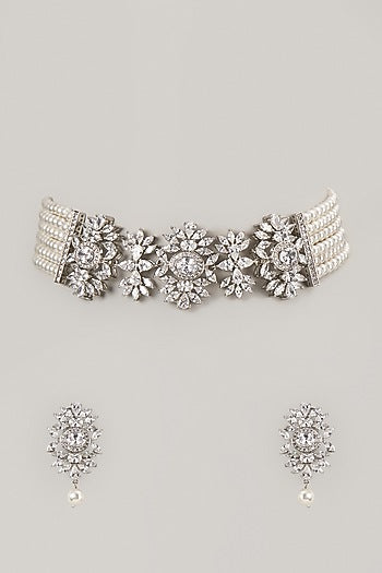 Silver Finish Zircon & Pearl Choker Necklace Set