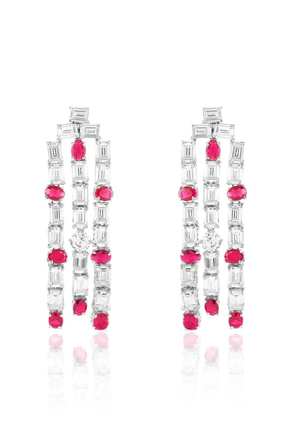 White Rhodium Finish Ruby Stone Dangler Earrings