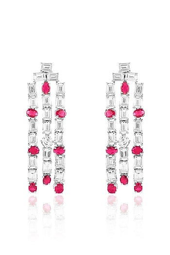 White Rhodium Finish Ruby Stone Dangler Earrings