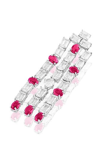 White Rhodium Finish Ruby Stone Dangler Earrings