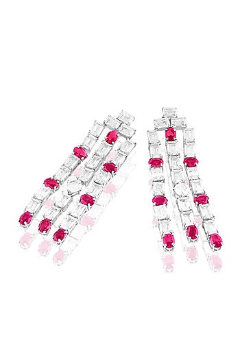 White Rhodium Finish Ruby Stone Dangler Earrings