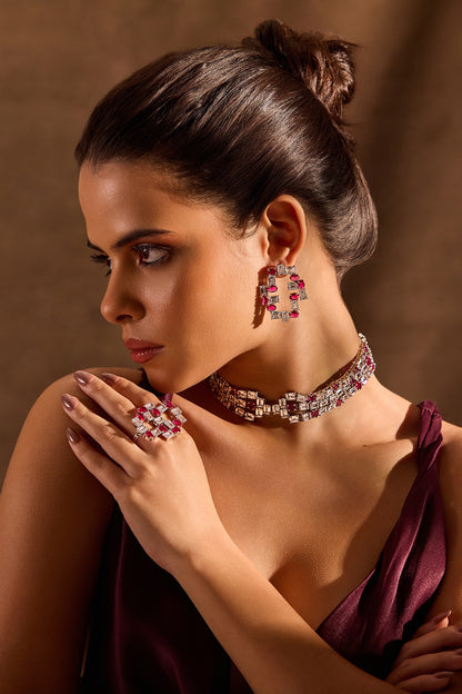 White Rhodium Finish Ruby Stone Choker Necklace