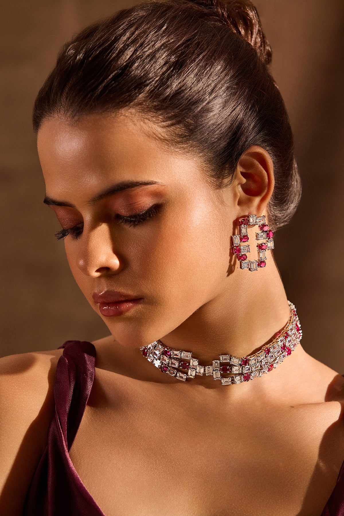 White Rhodium Finish Ruby Stone Stud Earrings