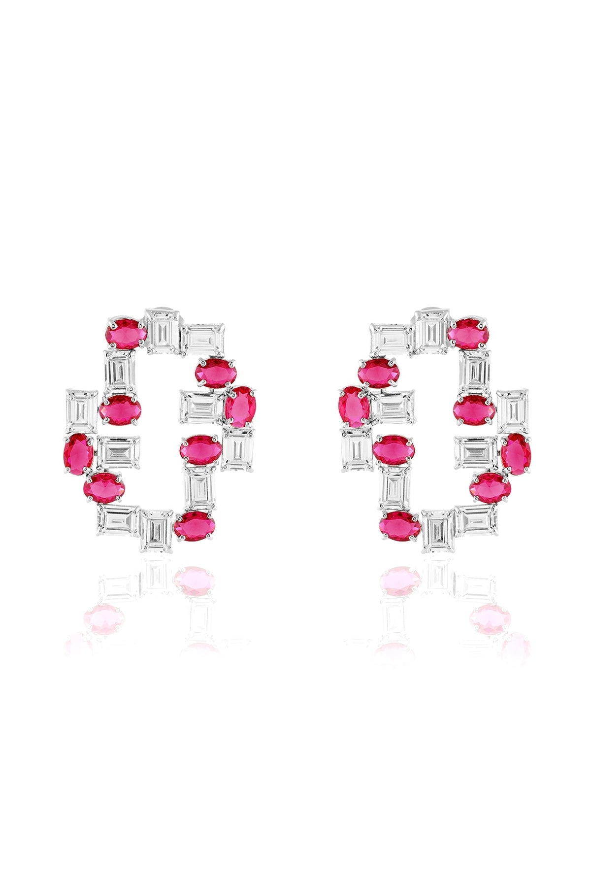 White Rhodium Finish Ruby Stone Stud Earrings