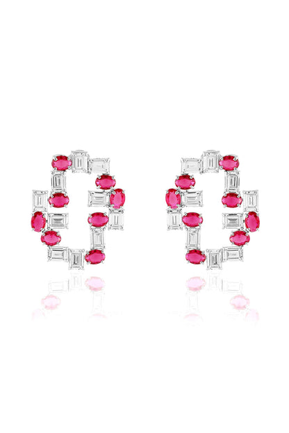 White Rhodium Finish Ruby Stone Stud Earrings