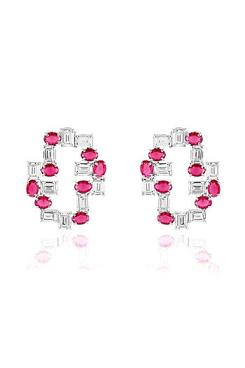 White Rhodium Finish Ruby Stone Stud Earrings