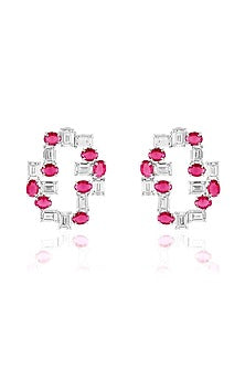 White Rhodium Finish Ruby Stone Stud Earrings