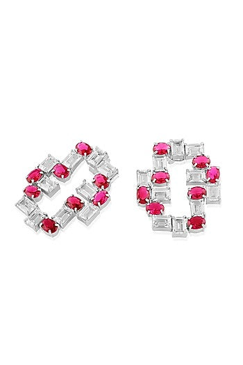 White Rhodium Finish Ruby Stone Stud Earrings