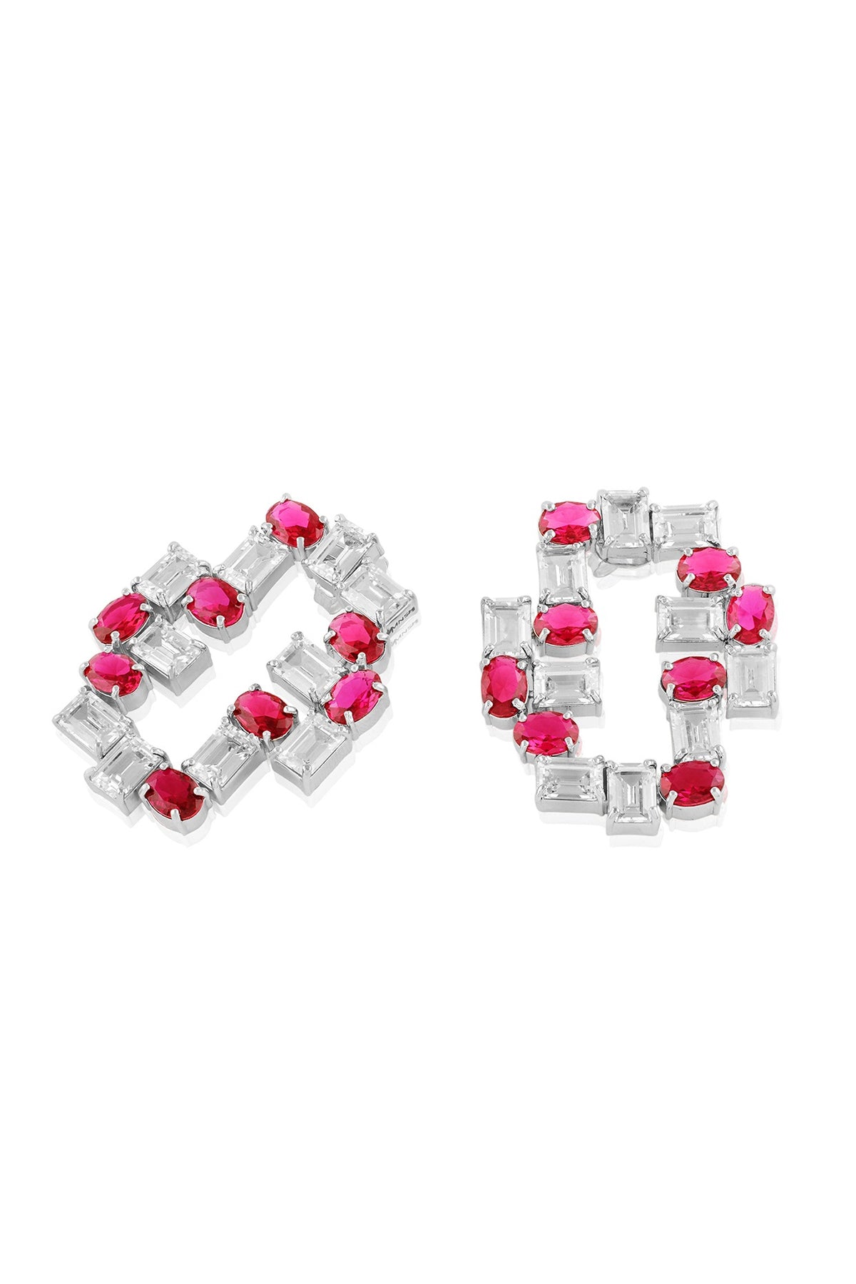 White Rhodium Finish Ruby Stone Stud Earrings