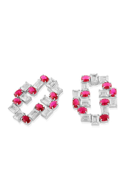 White Rhodium Finish Ruby Stone Stud Earrings