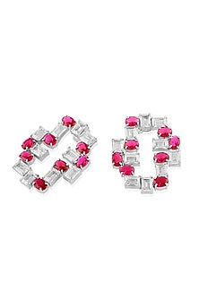 White Rhodium Finish Ruby Stone Stud Earrings