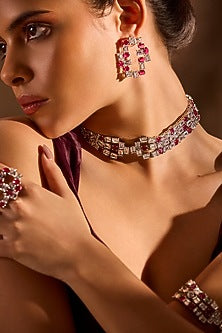 White Rhodium Finish Ruby Stone Stud Earrings