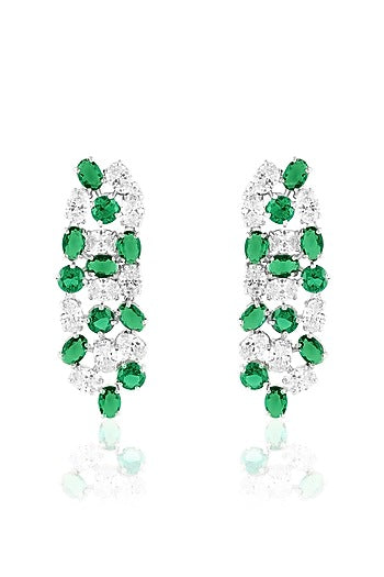 White Rhodium Finish Emerald Stone Dangler Earrings