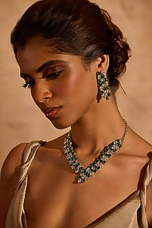 White Rhodium Finish Emerald Stone Dangler Earrings
