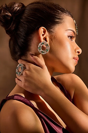 White Rhodium Finish Emerald Stone Dangler Earrings