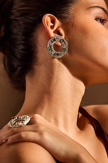White Rhodium Finish Emerald Stone Dangler Earrings