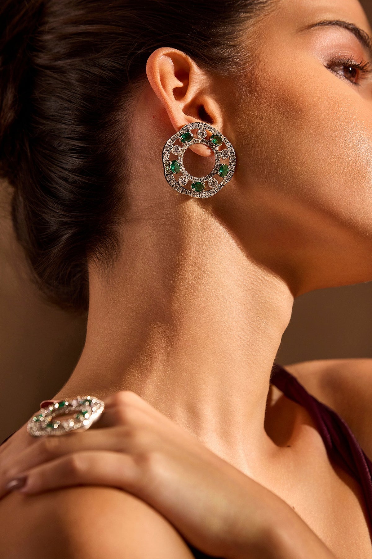 White Rhodium Finish Emerald Stone Dangler Earrings