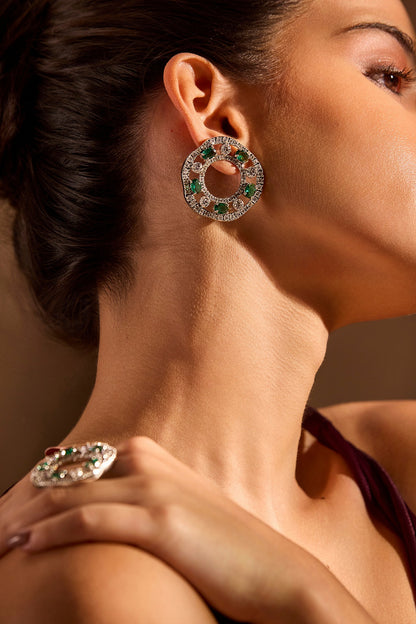 White Rhodium Finish Emerald Stone Dangler Earrings