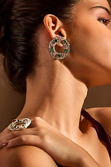 White Rhodium Finish Emerald Stone Dangler Earrings