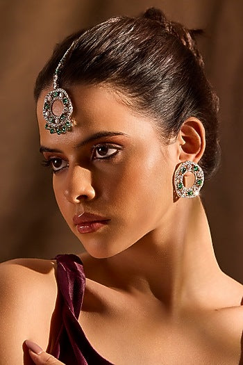 White Rhodium Finish Emerald Stone Dangler Earrings