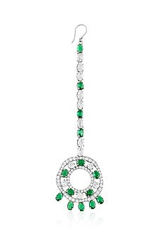 White Rhodium Finish Emerald Stone Maangtikka